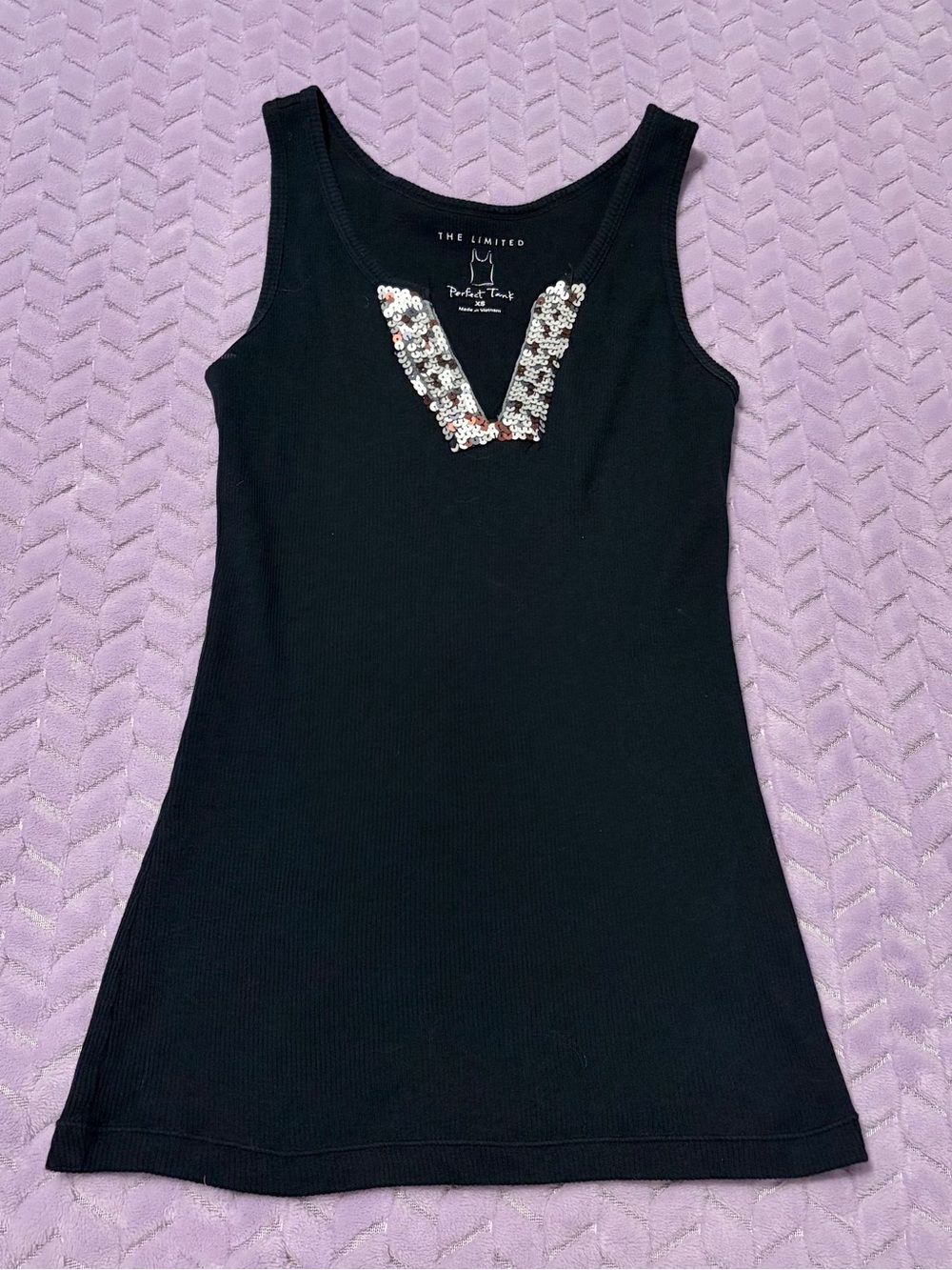 The Limited Black Ribbed Tank with Silver & Brown Sequin V